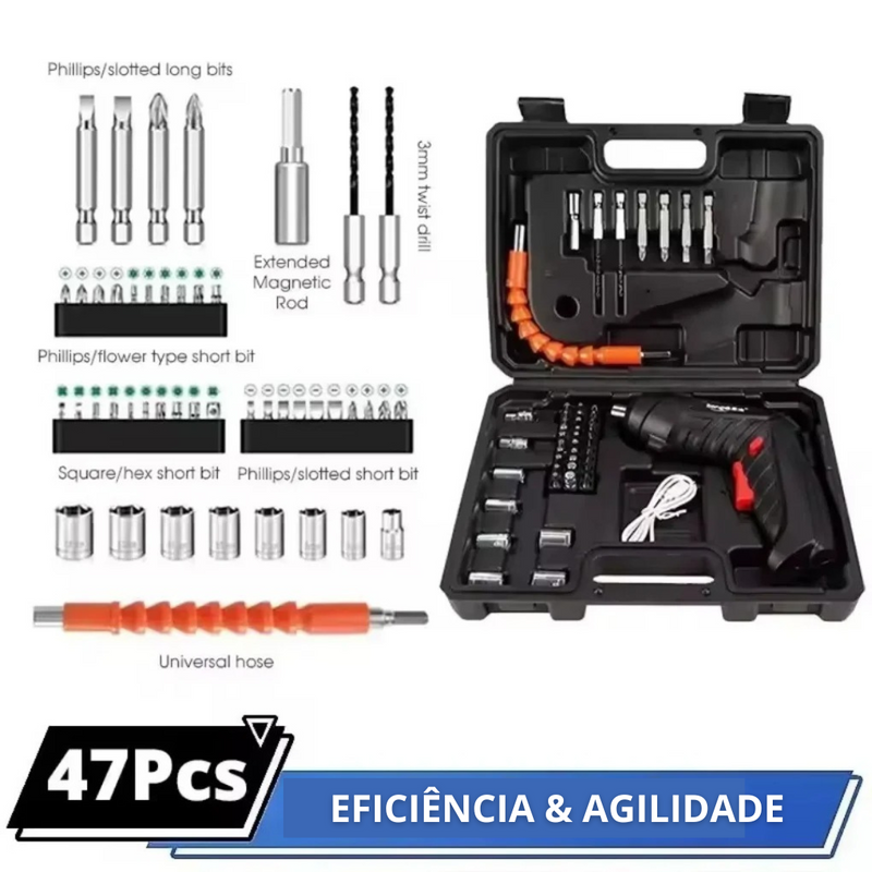 Parafusadeira Elétrica Sem Fio com Maleta – 47 Peças