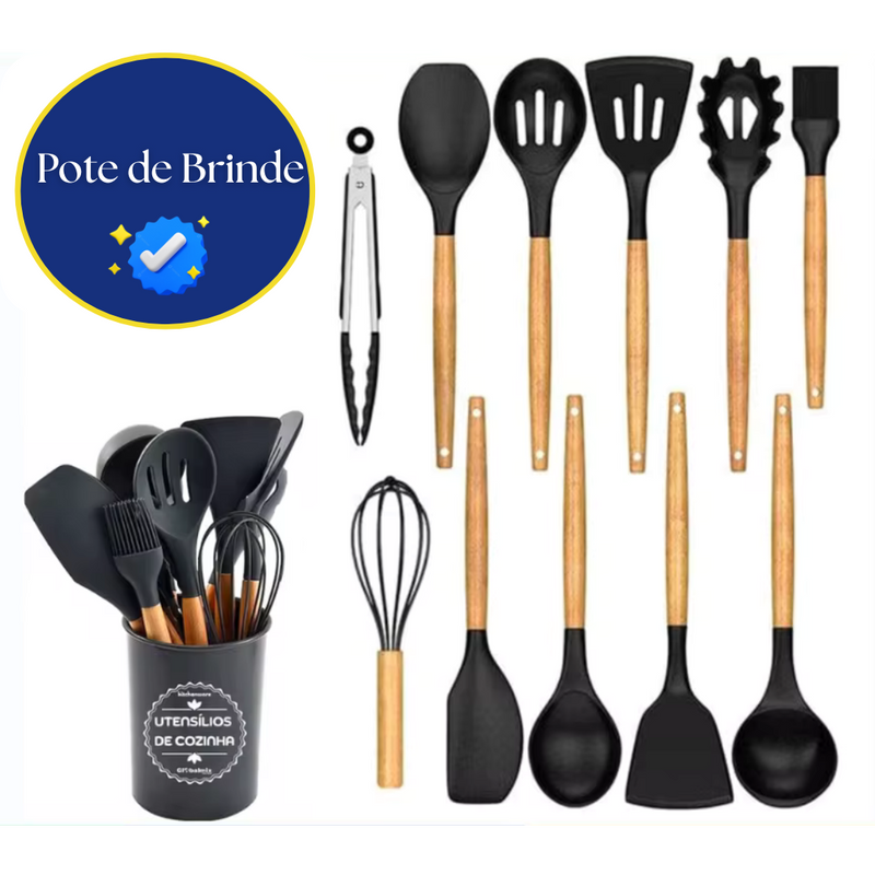 Kit Premium de Utensílios de Cozinha – 12 Peças + Pote de Brinde