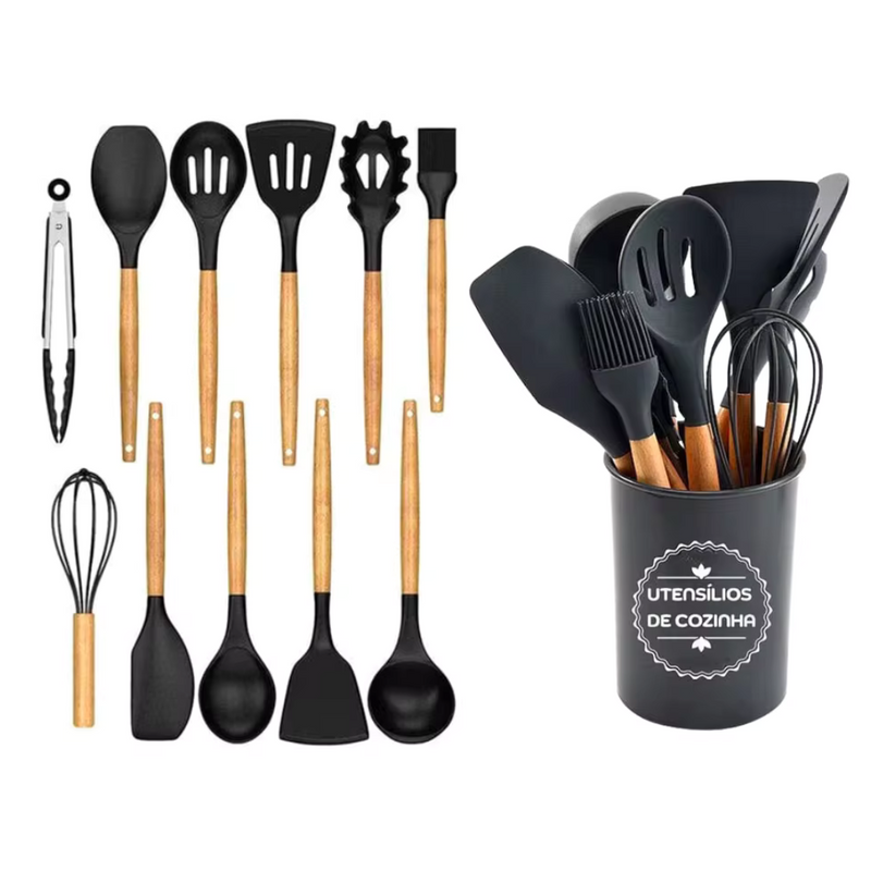 Kit Premium de Utensílios de Cozinha – 12 Peças + Pote de Brinde